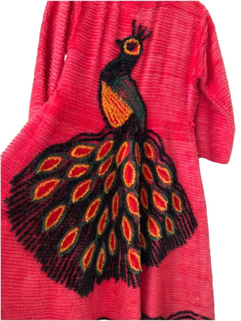 40s 50s chenille peacock robe NO BELT bright pink midcentury S/M RARE COLOR